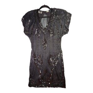 Vintage Pantagis Dress Womens Medium Black Silk Sequin Beaded Art Deco 80s Glam